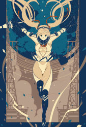 Rule 34 | 1girl, art nouveau, blonde hair, blue eyes, boots, breasts, center opening, confetti, gloves, hair ribbon, hairband, highres, jumping, knee boots, kondou totetsu, lance, large breasts, leotard, long hair, magical girl, navel, original, pike (weapon), polearm, red ribbon, ribbon, sideboob, skirt, solo, twintails, very long hair, weapon, wind, wind lift