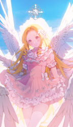 Rule 34 | 1girl, absurdres, blonde hair, blue sky, blush, bow, closed mouth, clothes lift, cloud, commission, day, dress, dress lift, drill hair, feathered wings, flower, hair flower, hair ornament, highres, lifted by self, long hair, looking at viewer, multiple wings, original, patch oxxo, pink dress, puffy short sleeves, puffy sleeves, red eyes, ribbon, short sleeves, sky, smile, standing, thighhighs, very long hair, white bow, white flower, white ribbon, white thighhighs, white wings, wings