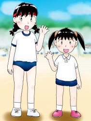 Rule 34 | 2girls, azuki-chan, black hair, blue sky, buruma, highres, kimura chika, multiple girls, noyama azusa, sky, socks, white socks
