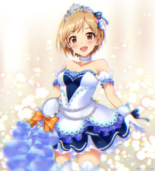 Rule 34 | 10s, 1girl, :d, aiba yumi, blonde hair, blurry, breasts, brown eyes, chromatic aberration, cleavage, depth of field, frilled skirt, frills, idolmaster, idolmaster cinderella girls, idolmaster cinderella girls starlight stage, looking at viewer, mizuki makoto, open mouth, short hair, skirt, smile, solo, tiara