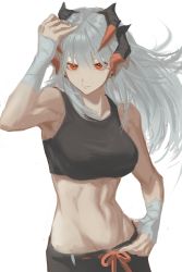 Rule 34 | 1girl, absurdres, arknights, arm up, bakage, bandages, bare arms, bare shoulders, breasts, commentary request, crop top, grey hair, hand wraps, highres, horns, large breasts, long hair, looking at viewer, midriff, navel, orange eyes, saria (arknights), simple background, solo, sports bra, sportswear, stomach, upper body, white background