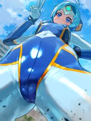 Rule 34 | 1girl, :3, ahoge, blue bodysuit, blue eyes, blue hair, blue sky, blush, bodysuit, breasts, building, closed mouth, cloud, covered navel, crotch, day, diamond-shaped pupils, diamond (shape), from below, gem, giant, giantess, headgear, highres, leaves, long hair, looking at viewer, moroboshi tsubomi, nikunopengin, outdoors, skin tight, sky, small breasts, solo, symbol-shaped pupils, tree, twintails, ultimate girl, v