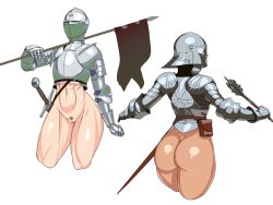Rule 34 | 2girls, abs, armor, ass, bottomless, breastplate, butt crack, cleft of venus, covered face, cuirass, female focus, female knight, from behind, gauntlets, helmet, holding, holding weapon, kardia (nisetanaka), knight, mace, maltese cross, medieval, multiple girls, multiple views, muscular, muscular female, navel, nisetanaka, original, pauldrons, plate armor, polearm, pubic tattoo, pussy, sallet, shoulder armor, simple background, spear, sword, tan, tattoo, thick thighs, thighs, uncensored, weapon, white background, y shaped butt crack