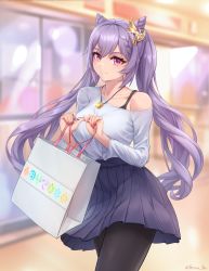 Rule 34 | 1girl, alternate costume, bag, black pantyhose, blurry, blurry background, bra strap, breasts, casual, closed mouth, cone hair bun, double bun, genshin impact, hair bun, hair ears, hair ornament, highres, holding, holding bag, jewelry, keqing (genshin impact), large breasts, long hair, miniskirt, nail polish, necklace, off shoulder, outdoors, pantyhose, pink eyes, pink nails, pleated skirt, purple hair, purple skirt, shirt, shirt tucked in, shopping, shopping bag, single bare shoulder, skirt, smile, solo, stormstx, twintails, white shirt, window