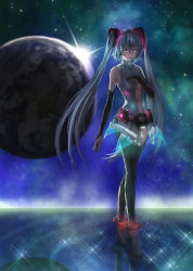 Rule 34 | 1girl, boots, bridal gauntlets, emi hades, hand on own chest, hatsune miku, hatsune miku (append), high heels, highres, long hair, planet, solo, thigh boots, thighhighs, twintails, very long hair, vocaloid, vocaloid append