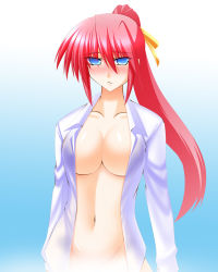 Rule 34 | 1girl, blue eyes, blush, bottomless, breasts, censored, convenient censoring, dress shirt, engo (aquawatery), highres, large breasts, long hair, lyrical nanoha, mahou shoujo lyrical nanoha, mahou shoujo lyrical nanoha a&#039;s, no bra, pink hair, ponytail, shirt, signum, solo, steam