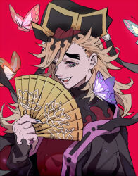 Rule 34 | 1boy, blonde hair, bug, butterfly, douma (kimetsu no yaiba), fangs, fingernails, hair between eyes, hand fan, hat, holding, holding fan, insect, japanese clothes, kimetsu no yaiba, long sleeves, looking at viewer, male focus, open mouth, qin (7833198), red background, sharp fingernails, simple background, teeth