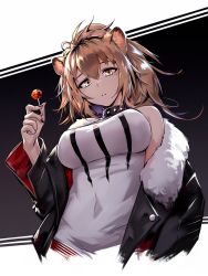 Rule 34 | 1girl, absurdres, animal ears, arknights, bare shoulders, black collar, blonde hair, breasts, candy, choker, collar, commentary request, cropped torso, deel (rkeg), food, fur-trimmed jacket, fur trim, hair between eyes, highres, holding, holding candy, holding food, holding lollipop, jacket, large breasts, lion ears, lion tail, lollipop, long hair, looking at viewer, nail polish, parted lips, shirt, siege (arknights), solo, tail, tank top, taut clothes, taut shirt, upper body, yellow eyes