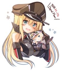 Rule 34 | 10s, 1girl, :d, bare shoulders, between breasts, bismarck (kancolle), blonde hair, blue eyes, blush, breasts, brown gloves, detached sleeves, gloves, hat, highres, kantai collection, long hair, looking at viewer, military, military hat, military uniform, ohta yuichi, open mouth, peaked cap, smile, solo, uniform, upper body