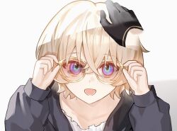 Rule 34 | 1boy, aged down, aventurine (honkai: star rail), black gloves, blonde hair, glasses, gloves, hair between eyes, hanliiii, highres, honkai: star rail, honkai (series), hood, hoodie, long sleeves, looking at viewer, male focus, open mouth, pov, pov hands, simple background, smile, solo, white background