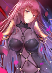 Rule 34 | 1girl, armor, bad id, bad pixiv id, blush, bodysuit, breasts, covered navel, cu chulainn (fate), cu chulainn (fate/stay night), eric (pixiv9123557), fate/grand order, fate (series), gae bolg (fate), hair between eyes, head tilt, highres, holding, large breasts, long hair, looking at viewer, parted lips, pauldrons, petals, polearm, purple bodysuit, purple hair, red eyes, scathach (fate), shoulder armor, sidelocks, smile, solo, spear, very long hair, weapon