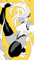 Rule 34 | 1girl, :d, absurdres, animal ears, bare shoulders, boku no hero academia, breasts, covered navel, crescent print, dark-skinned female, dark skin, floating hair, full body, fur collar, gloves, greyscale with colored background, high kick, highleg, highleg leotard, highres, kicking, koyap, large breasts, leg up, leotard, long eyelashes, long hair, looking at viewer, midair, mirko, open mouth, parted bangs, rabbit ears, rabbit girl, rabbit tail, sleeveless turtleneck leotard, smile, solo, tail, taut leotard, thick thighs, thighhighs, thighs, toned, v-shaped eyebrows, white gloves, white hair, white leotard, yellow background