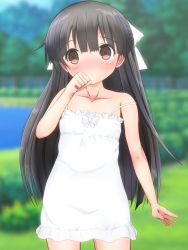 Rule 34 | 1girl, black hair, blush, bow, commentary request, damubomu, day, dress, hair bow, hand to own mouth, highres, long hair, original, outdoors, ribbon, short dress, solo, strap slip, sundress, very long hair, white dress