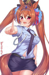 Rule 34 | 1girl, absurdres, alternate costume, animal ears, antenna hair, belt, blue skirt, blush, breasts, brown hair, button gap, daiwa scarlet (umamusume), fang, hair intakes, hand on own hip, hat, highres, horse ears, horse girl, horse tail, impossible clothes, impossible shirt, index finger raised, large breasts, long hair, looking at viewer, miniskirt, navel, necktie, open mouth, pencil skirt, pizza (pizzania company), pointing, pointing at viewer, police, police hat, police uniform, policewoman, red eyes, shirt, skin fang, skirt, solo, tail, thighs, tiara, twintails, umamusume, uniform, very long hair