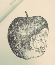 Rule 34 | 1girl, apple, art tools in frame, bad id, bad twitter id, barefoot, bob cut, child, closed mouth, commentary request, crossed arms, food, fruit, greyscale, ikeuchi tanuma, in food, mini person, minigirl, monochrome, original, photo (medium), short hair, sitting, sleeping, solo, traditional media