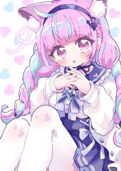 Rule 34 | 1girl, aeruusa, anchor symbol, animal ears, aqua hair, blue nails, blunt bangs, blush, braid, brooch, cardigan, cat ears, collar, frilled collar, frills, headband, heart, highres, hololive, jewelry, long sleeves, looking at viewer, minato aqua, minato aqua (sailor), multicolored hair, nail polish, neck ribbon, open mouth, own hands clasped, own hands together, pink eyes, pink hair, pleated skirt, ribbon, sailor collar, sitting, skirt, solo, streaked hair, twin braids, two-tone hair, virtual youtuber, white cardigan, white legwear, white ribbon