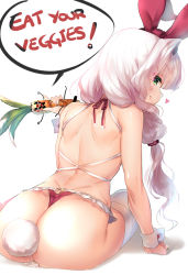 Rule 34 | 1girl, :q, anal tail, animal ears, ass, back, bikini, blush, butt plug, carrot, english text, fake tail, from behind, green eyes, heart, heart o-ring, heart ring bottom, looking at viewer, looking back, low twintails, naso4, original, profile, rabbit ears, rabbit tail, sex toy, smile, solo, swimsuit, tail, thighhighs, thong, thong bikini, tongue, tongue out, twintails, white hair, white thighhighs, wrist cuffs