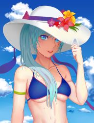 Rule 34 | 1girl, absurdres, alternate breast size, aqua hair, bikini, blue eyes, breasts, cloud, collarbone, day, flower, hat, highres, lipstick, long hair, looking at viewer, makeup, medium breasts, parted lips, rwby, simple background, sky, solo, swimsuit, weiss schnee, wet, zhao shixuan