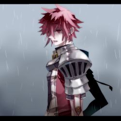 Rule 34 | 1boy, armor, colored eyelashes, elsword, elsword (character), grey background, letterboxed, lord knight (elsword), male focus, mori (1804282), rain, red eyes, red hair, shirt, solo, spiked hair, wet