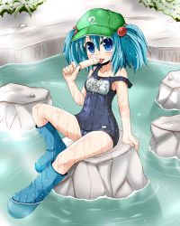 Rule 34 | 1girl, arm support, blue eyes, blue hair, boots, eating, female focus, food, hair bobbles, hair ornament, hat, kawashiro nitori, leg up, licking, long hair, matching hair/eyes, one-piece swimsuit, poncocchan, popsicle, rock, school swimsuit, sexually suggestive, sitting, solo, strap slip, swimsuit, tongue, touhou, twintails, two side up, water, wet, wet clothes