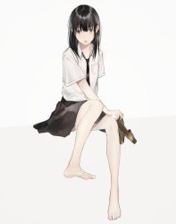Rule 34 | 1girl, bare legs, barefoot, black hair, brown eyes, commentary request, feet, full body, highres, holding, holding shoes, legs, long hair, looking at viewer, necktie, original, school uniform, shirt, shoes, unworn shoes, short sleeves, sitting, soles, solo, toes, vient, white shirt