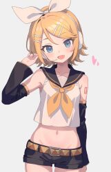 Rule 34 | 1girl, black sailor collar, black shorts, blonde hair, blue eyes, bow, breasts, commentary request, contrapposto, cowboy shot, crop top, detached sleeves, eyelashes, fang, hair bow, hair ornament, hairclip, head tilt, headphones, headset, heart, highres, kagamine rin, korean commentary, looking at viewer, midriff, navel, neckerchief, number tattoo, open mouth, sailor collar, shirt, short shorts, shorts, shoulder tattoo, skin fang, sleeveless, sleeveless shirt, small breasts, smile, solo, swept bangs, tattoo, user famy2743, vocaloid, white bow, yellow neckerchief