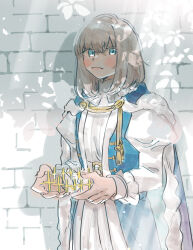 Rule 34 | 1boy, blue cape, blue eyes, blush, brick wall, brown hair, cape, closed mouth, dappled sunlight, fate/grand order, fate (series), frown, fur-trimmed cape, fur trim, holding hairband, juliet sleeves, long sleeves, looking at viewer, male focus, medium hair, oberon (fate), oneroom-disco, outdoors, puffy sleeves, shadow, solo, sunlight, tassel