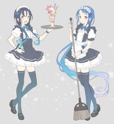 Rule 34 | 2girls, :d, alternate costume, bad id, bad twitter id, blue eyes, blue hair, bow, bowtie, broom, commentary request, enmaided, full body, green eyes, grey background, hand on own hip, kantai collection, long hair, maid, maid headdress, multiple girls, open mouth, parfait, samidare (kancolle), shiosoda, simple background, smile, standing, suzukaze (kancolle), thighhighs, tray, wrist cuffs, zettai ryouiki
