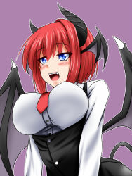 Rule 34 | 1girl, :d, alternate eye color, alternate hair length, alternate hairstyle, bat wings, blush, breasts, demon tail, dress shirt, female focus, framed breasts, head wings, horns, impossible clothes, impossible shirt, koakuma, large breasts, long hair, low wings, open mouth, parmiria, red hair, shirt, short hair, smile, solo, tail, touhou, vest, wings