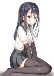 Rule 34 | 10s, 1girl, arm warmers, asashio (kancolle), between legs, black gloves, black hair, black skirt, black thighhighs, blue eyes, elbow gloves, gloves, hand between legs, kantai collection, kneeling, long hair, looking at viewer, maji (etonato), no shoes, pleated skirt, seiza, shirt, short sleeves, simple background, sitting, skirt, solo, suspenders, thighhighs, white background, white shirt