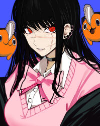 Rule 34 | 1girl, black choker, black hair, blue background, bow, cardigan, chainsaw, chainsaw man, choker, collared shirt, cross scar, ear piercing, earrings, facial scar, highres, jewelry, long hair, looking at viewer, multiple piercings, off shoulder, piercing, pink bow, pink cardigan, pochita (chainsaw man), red eyes, ringed eyes, sailen0, scar, scar on cheek, scar on face, shirt, simple background, solo focus, stud earrings, white shirt, yoru (chainsaw man)