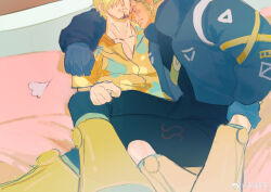 Rule 34 | 2boys, absurdres, arm around shoulder, black bodysuit, blonde hair, blush, bodysuit, couple, cuddling, curly eyebrows, facial hair, feet out of frame, goatee, green hair, hair over one eye, highres, male focus, multiple boys, official alternate costume, one piece, pectoral cleavage, pectorals, roronoa zoro, sanji (one piece), scar, scar across eye, short hair, sitting, sitting on lap, sitting on person, sweetdou3, toned, toned male, yaoi