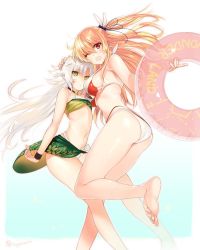 Rule 34 | 2girls, alisa reinford, artist name, ass, barefoot, bell, bikini, blonde hair, blue background, breasts, collar, cowboy shot, eiyuu densetsu, falcom, feather hair ornament, feathers, fie claussell, green eyes, hair ornament, hand on another&#039;s head, innertube, long hair, looking at viewer, medium breasts, multiple girls, navel, neck bell, official alternate costume, one eye closed, red eyes, sagara riri, sarong, scrunchie, sen no kiseki, sen no kiseki iv, side ponytail, sideboob, signature, silver hair, simple background, small breasts, smile, strapless, swim ring, swimsuit, tube top, two-tone background, white background, wristband