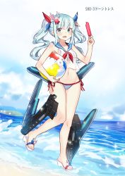 Rule 34 | 1girl, absurdres, ash arms, bad id, bad pixiv id, ball, bare arms, bare shoulders, beachball, bikini, bikini under clothes, blue eyes, blue hair, blue ribbon, blue sailor collar, blush, breasts, carrying, carrying under arm, collarbone, commentary request, food, front-tie bikini top, front-tie top, full body, goyain, groin, hair ornament, hair ribbon, highres, holding, holding food, long hair, looking at viewer, mecha musume, navel, neckerchief, open mouth, popsicle, red neckerchief, red ribbon, ribbon, sailor collar, sailor shirt, sandals, sbd dauntless (ash arms), see-through, shirt, side-tie bikini bottom, sidelocks, sleeveless, sleeveless shirt, small breasts, solo, sparkle, splashing, standing, standing on one leg, star (symbol), star hair ornament, striped bikini, striped clothes, swimsuit, transparent, twintails, water, waves, white footwear, white shirt