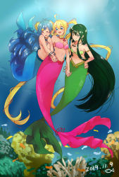 Rule 34 | 3girls, blonde hair, blue eyes, blue hair, breasts, closed eyes, coral, dated, fins, fish tail, full body, green eyes, green hair, highres, houshou hanon, jewelry, long hair, medium breasts, mermaid, mermaid melody pichi pichi pitch, monster girl, multiple girls, nanami lucia, necklace, shell, shell bikini, tail, touin rina, twintails, underwater, you (holly0310)