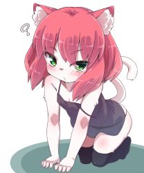 Rule 34 | 1girl, ?, all fours, animal ears, black camisole, black panties, black thighhighs, blush, breasts, brown hair, camisole, cat ears, cat tail, cleavage, furry, furry female, green eyes, original, panties, see-through, short hair, simple background, small breasts, solo, strap slip, tail, thighhighs, underwear, white background, yuuki (yuyuki000)