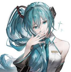 Rule 34 | 1girl, blue eyes, blue hair, blue nails, blue necktie, blue trim, collared shirt, detached sleeves, et atr3, fingernails, hair between eyes, hand on own face, hatsune miku, head tilt, headphones, highres, long hair, long sleeves, looking at viewer, nail polish, necktie, shirt, side ponytail, sidelocks, simple background, smile, solo, sparkle, square, vocaloid, white background, white shirt