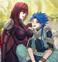 Rule 34 | 1boy, 1girl, armor, bad id, bad pixiv id, blue hair, bodysuit, braid, braided ponytail, breasts, cheek pinching, cu chulainn (fate), earrings, eye contact, fangs, fate/grand order, fate/grand order arcade, fate (series), hair between eyes, highres, holding, holding polearm, holding spear, holding weapon, jewelry, kernel killer, large breasts, long hair, looking at another, one eye closed, open mouth, outdoors, pauldrons, pinching, polearm, ponytail, puffy pants, purple bodysuit, purple hair, red eyes, revision, scathach (fate), setanta (fate), shoulder armor, single braid, sitting, skin tight, spear, spread legs, straight hair, very long hair, weapon