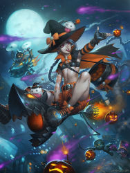 Rule 34 | 2boys, 2girls, :p, amumu, bag, bandages, blue hair, bomb, bow, broom, broom riding, corki, explosive, facial hair, fingerless gloves, flat chest, flying, gloves, goggles, hat, hat bow, hat ribbon, highres, jack-o&#039;-lantern, jinx (league of legends), league of legends, lulu (league of legends), md5 mismatch, midriff, moon, multiple boys, multiple girls, mustache, navel, night, night sky, poro (league of legends), propeller, red eyes, ribbon, shoes, sky, speh, thighs, tongue, tongue out, watermark, web address, witch hat