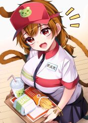 Rule 34 | 1girl, black skirt, breasts, brown hair, circlet, employee uniform, fast food, food, from above, highres, holding, holding plate, large breasts, looking at viewer, low twintails, meimei (meimei89008309), miniskirt, monkey tail, open mouth, plate, red eyes, shirt, short sleeves, skirt, smile, solo, son biten, tail, touhou, twintails, uniform, white shirt