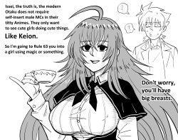 Rule 34 | 1boy, 1girl, ?, absurdres, ahoge, bb (baalbuddy), breasts, cup, english text, greyscale, hair between eyes, high school dxd, highres, holding, holding cup, hyoudou issei, large breasts, long hair, monochrome, rias gremory, short hair, simple background, sweat, teacup, thought bubble, white background