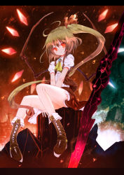 Rule 34 | 1girl, ahoge, blonde hair, boots, cross-laced footwear, female focus, flandre scarlet, glowing, glowing eyes, glowing wings, knee boots, lace-up boots, letterboxed, long hair, nail polish, no headwear, no headwear, red eyes, red nails, short hair, side ponytail, sitting, smile, solo, sumisu (mondo), touhou, v arms, very long hair, wings