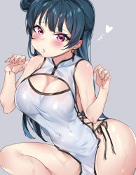Rule 34 | 1girl, bare shoulders, blue hair, blush, breasts, china dress, chinese clothes, cleavage, cleavage cutout, clothing cutout, commentary, covered navel, cross-laced clothes, cross-laced cutout, dress, earrings, grey background, hair bun, heart, highres, jewelry, large breasts, leg up, long hair, looking at viewer, love live!, love live! sunshine!!, nail polish, parted lips, pelvic curtain, pink eyes, side-tie dress, side bun, side slit, simple background, single side bun, solo, sweat, tem10, tsushima yoshiko, white dress
