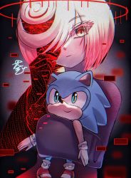 Rule 34 | 1girl, cang she, closed eyes, closed mouth, dark background, expressionless, glitch, gloves, halo, holding, red eyes, sage (sonic), short hair, smile, sonic (series), sonic frontiers, sonic the hedgehog, upper body, white hair, wide sleeves