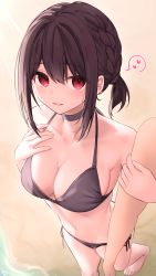 Rule 34 | 1girl, arm hug, armpit peek, bad id, bad pixiv id, bare arms, bare shoulders, barefoot, beach, bikini, black bikini, black choker, braid, breasts, brown hair, choker, cleavage, collarbone, day, hair between eyes, hair ornament, hand on own chest, heart, highres, large breasts, light blush, looking at viewer, motion lines, navel, open mouth, original, outdoors, pov, ramchi, red eyes, sand, shore, side-tie bikini bottom, sidelocks, signature, smile, solo, spoken heart, stomach, swimsuit, thighs, water, yandere-chan (ramchi)