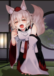 Rule 34 | 1girl, all fours, animal ears, bare shoulders, chieezuik, claw pose, fang, hat, highres, inubashiri momiji, looking at viewer, open mouth, pom pom (clothes), sash, solo, tail, tatami, tokin hat, touhou, window, wolf ears, wolf tail