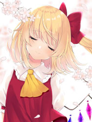 Rule 34 | 1girl, blonde hair, cherry blossoms, commentary, crystal, closed eyes, facing viewer, flandre scarlet, flower, head tilt, medium hair, no headwear, petals, pointy ears, red vest, shirt, short hair with long locks, short sleeves, side ponytail, smile, solo, tosakaoil, touhou, upper body, vest, white background, white shirt, wings, yellow neckwear
