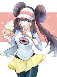 Rule 34 | 1girl, aqua eyes, black pantyhose, blush, bow, brown hair, commentary request, creatures (company), double bun, food, food on face, game freak, hair bun, hands up, highres, holding, ice cream, long hair, nintendo, pantyhose, pantyhose under shorts, pink bow, pokemon, pokemon bw2, raglan sleeves, rosa (pokemon), shirt, short shorts, shorts, solo, spread fingers, star (symbol), tongue, tongue out, twintails, utaharu 08, visor cap, yellow shorts