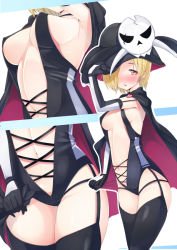 Rule 34 | 10s, 1girl, alternate breast size, black gloves, blonde hair, blush, breasts, cape, commentary request, cosplay, covered erect nipples, elbow gloves, gaichi, garter straps, gloves, hair over one eye, hat, idolmaster, idolmaster cinderella girls, looking at viewer, multiple views, navel, open mouth, red eyes, senran kagura, shiki (senran kagura), shiki (senran kagura) (cosplay), shirasaka koume, short hair, skull, small breasts, thighhighs