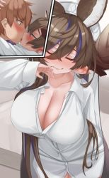 Rule 34 | 1boy, 1girl, blush, breasts, brown hair, cleavage, couple, draph, extra ears, closed eyes, galleon (granblue fantasy), gran (granblue fantasy), granblue fantasy, harvin, hetero, highres, horns, kiss, large breasts, luonawei, multicolored hair, no bra, no panties, shirt, tongue, white shirt